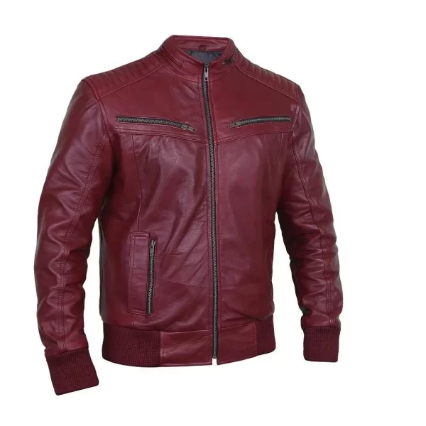 Elkton Men’s Maroon Bomber Leather Jacket