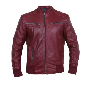 Elkton Men’s Maroon Bomber Leather Jacket