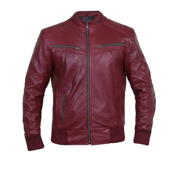 Elkton Men’s Maroon Bomber Leather Jacket